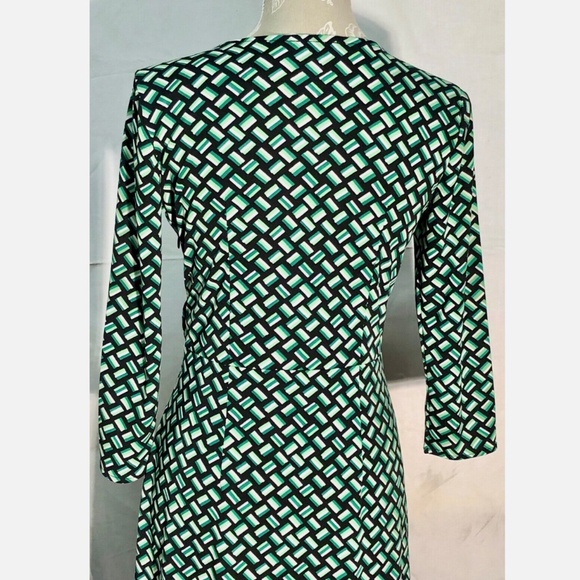 Ann Taylor LOFT Green Black Weave Print Knit 3/4 Sleeve Casual Poly Knit Dress~0 - Picture 8 of 12